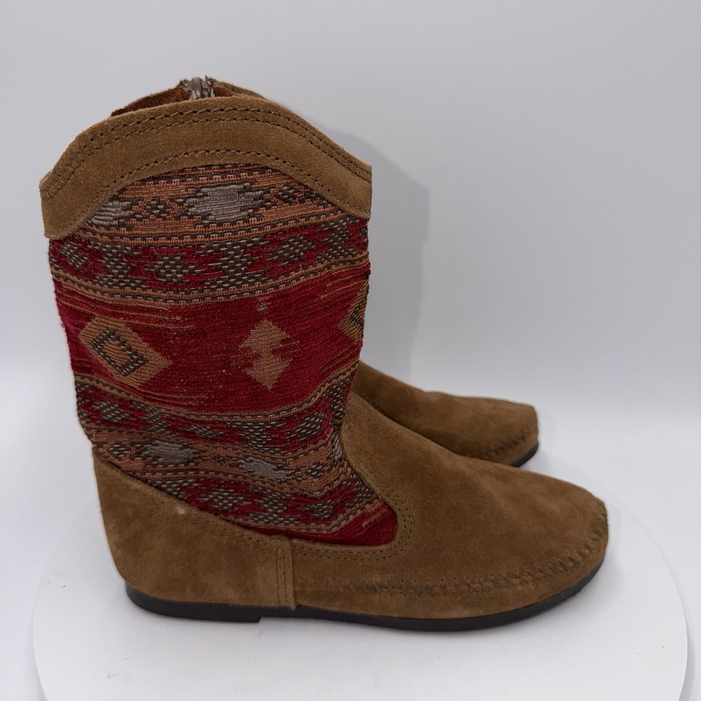 Minnetonka Baja Moccasin Boot Women's Size 7 Brown Suede Red Aztec Western - Picture 2 of 7